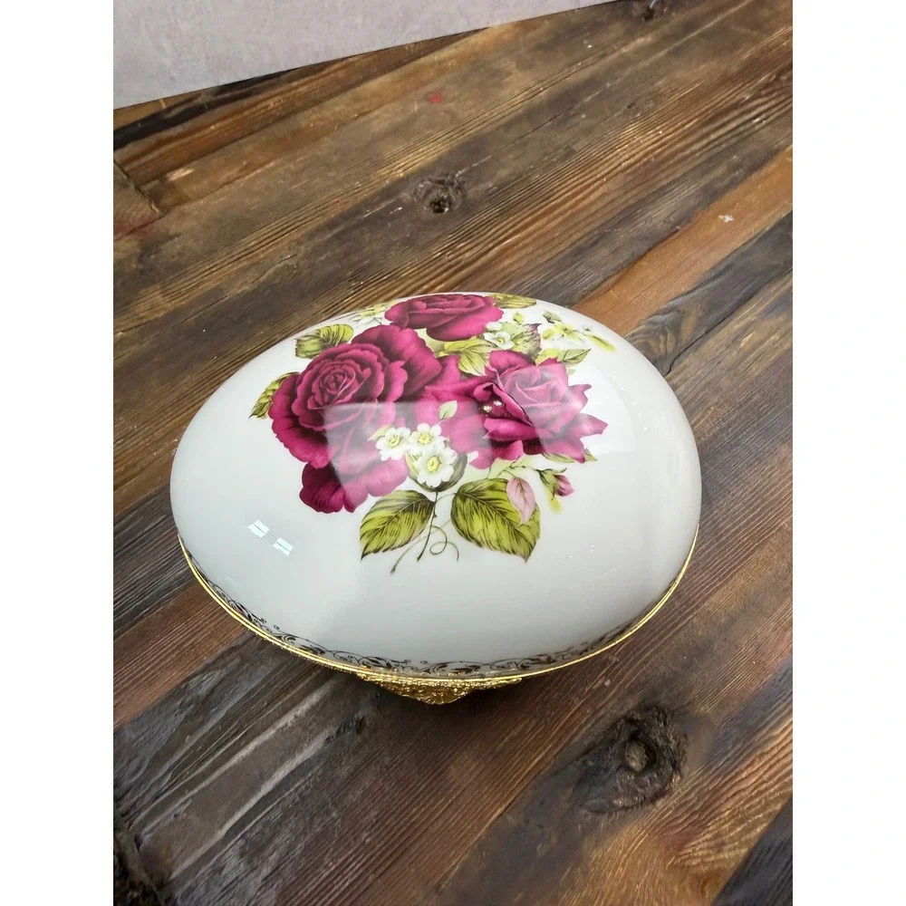 Artoria Limoges France Porcelain Egg Trinket Box Yellow Pink Roses Gold Filigree